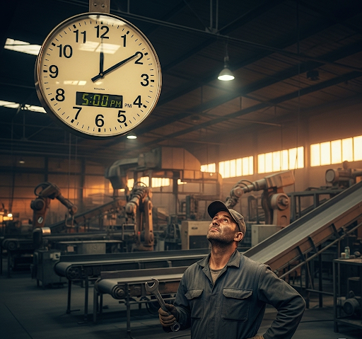 A man watching a clock after working hrs. completed