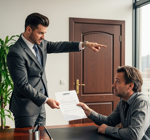 A boss soughing her employee and in the hand of boss has a fired latter