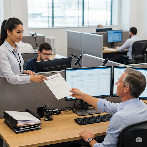 a un empleado entregando un formulario de vacaciones a su jefe.